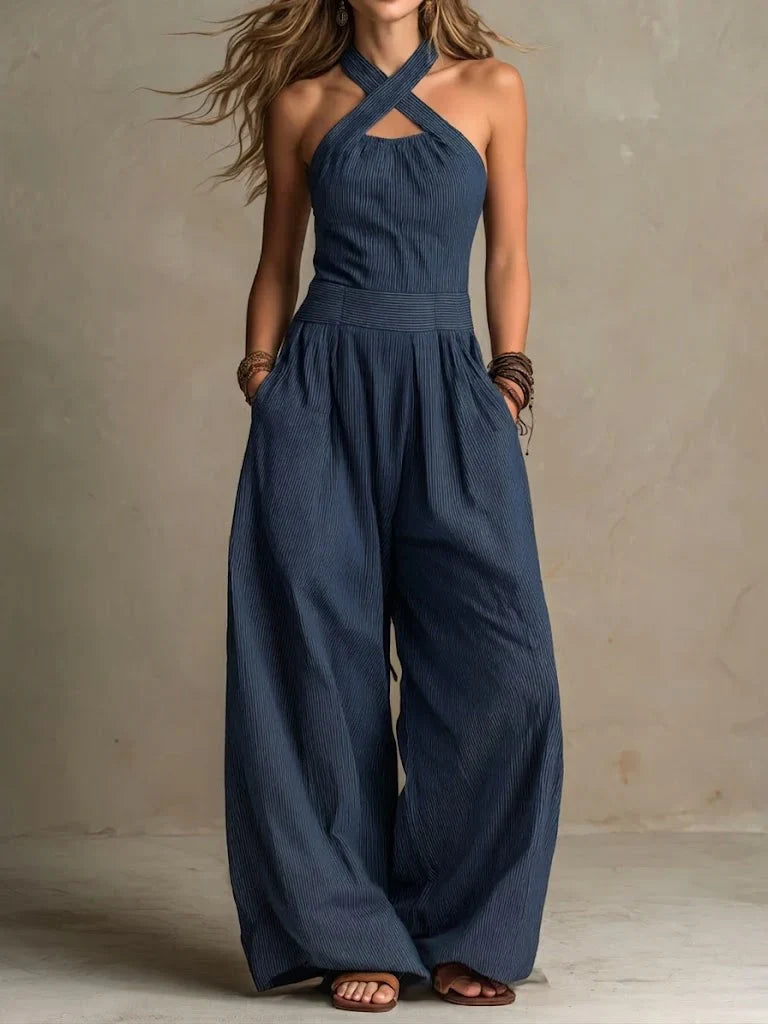 Bianca | Elegant Cross-Neck Linen and Cotton Jumpsuit